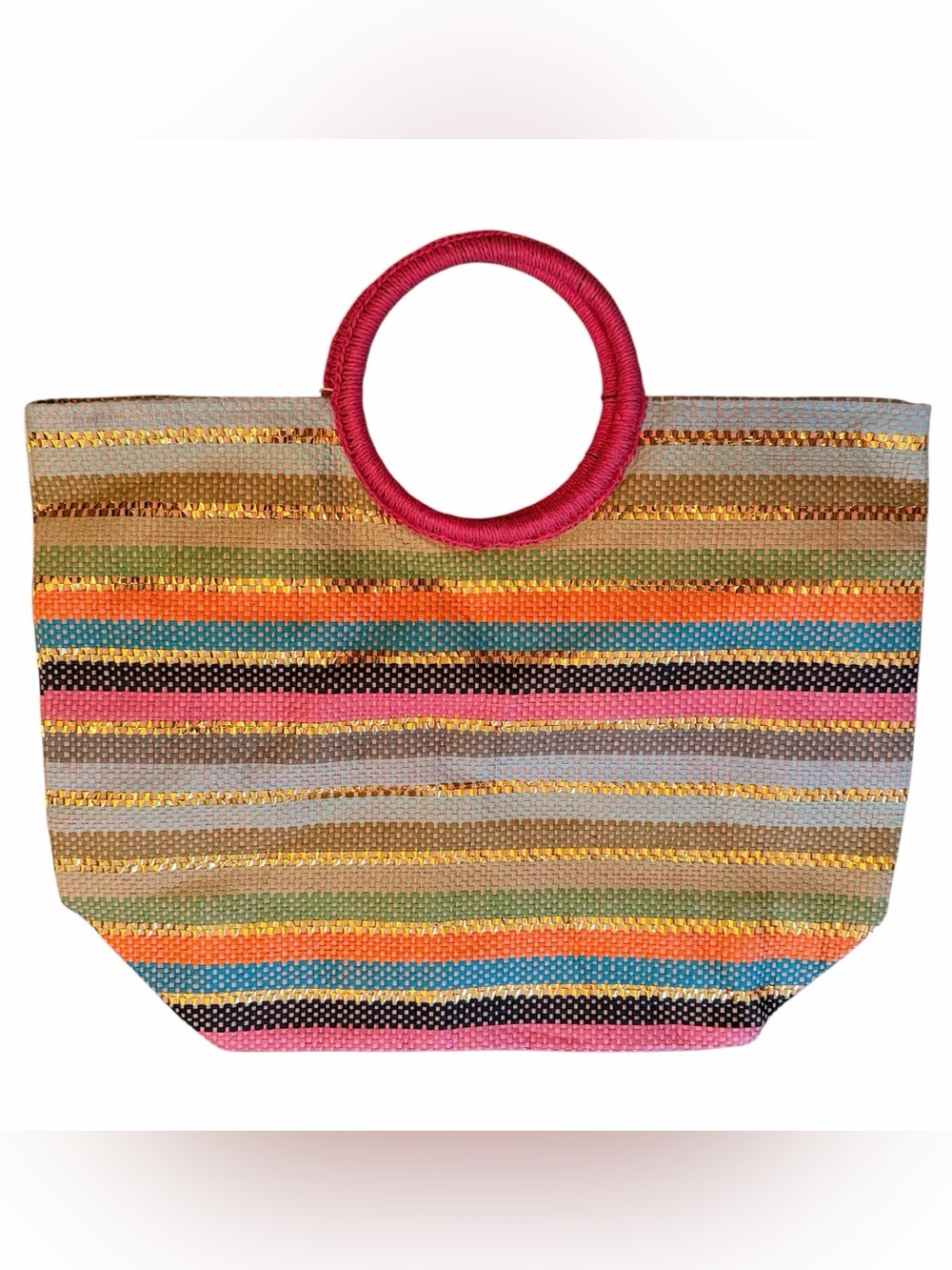 Shiraleah Chicago Multicolor Striped Amalia Tote Bag with Pink Ring Handles